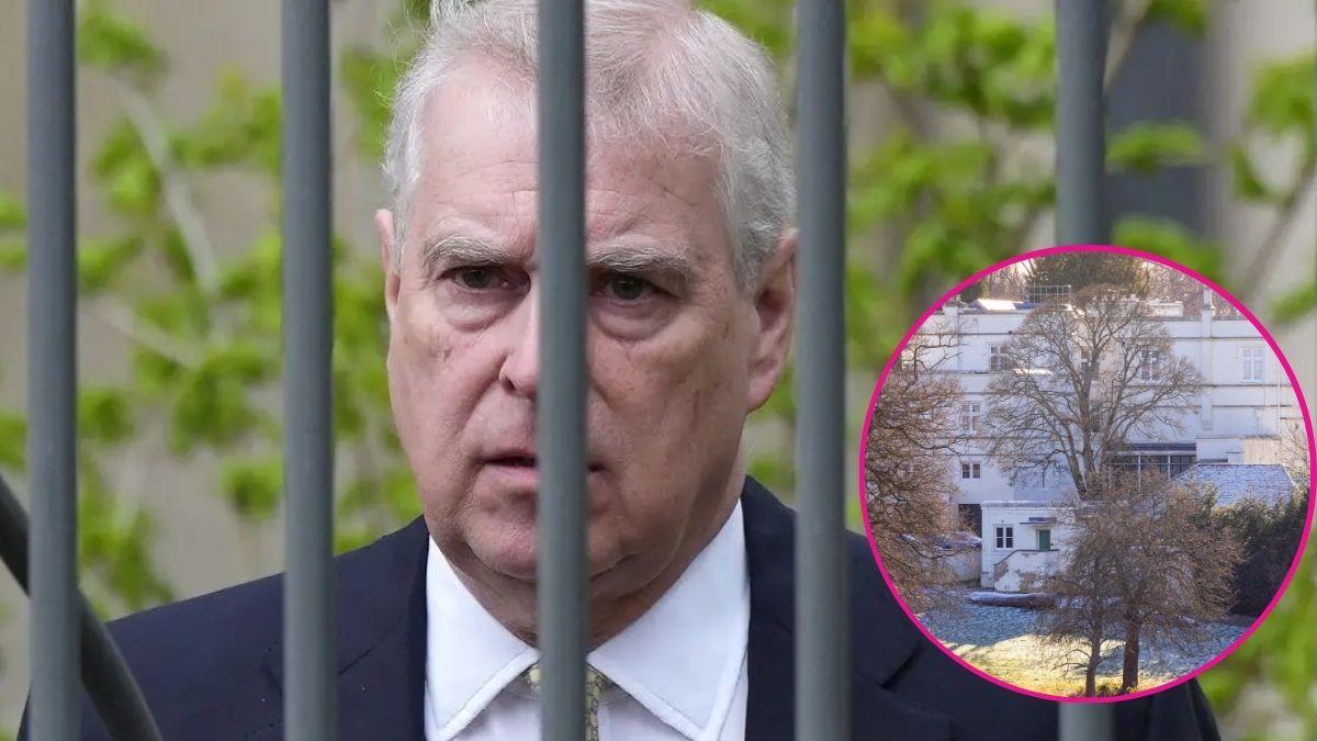 composite photo of ex-prince andrew behind bars and his former royal lodge estate