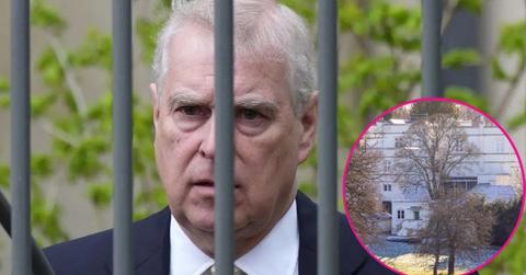 composite photo of ex-prince andrew behind bars and his former royal lodge estate