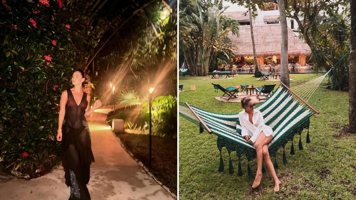 Image of As evening fell, Lily James wowed in a sheer black cover-up over a pink bikini top and black bottoms.