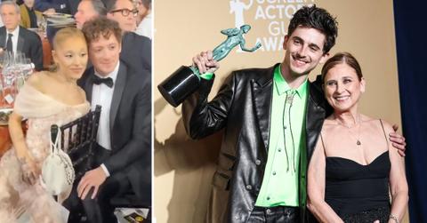 Photo of Ariana Grande and Ethan Slater; picture of Timothée Chalamet and his mom, Nicole Flender.