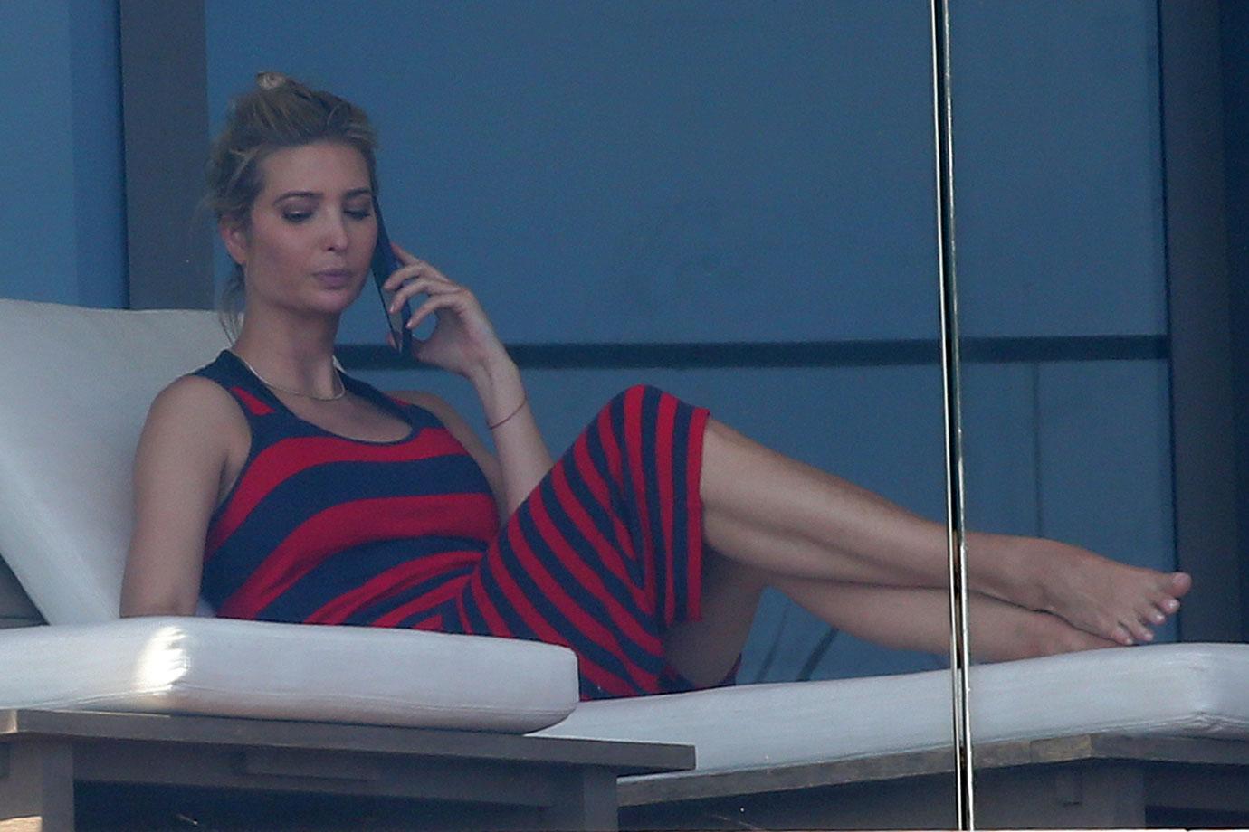 ivanka trump red and black striped dress lunch with son balcony miami