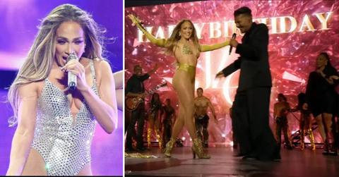 Two photos of Jennifer Lopez on stage
