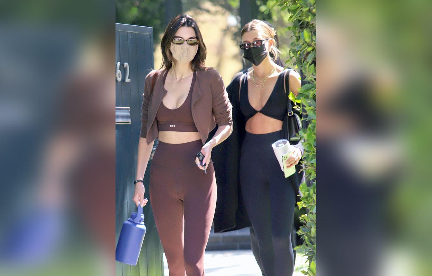 Kendall Jenner Works Out In Navy Bodysuit With BFF Hailey Bieber