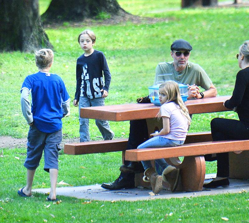 EXCLUSIVE: *PREMIUM RATES APPLY, MUST AGREE FEES* Angelina Jolie and Brad Pitt&#8217;s three biological children play at the park with uncle James Haven on September 18