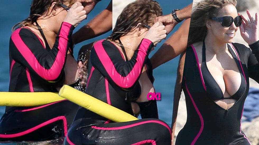 When cover-ups go wrong: Mariah Carey's boob pops out in wetsuit  malfunction - Daily Star
