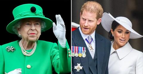 Composite photo of Queen Elizabeth II, Prince Harry and Meghan Markle