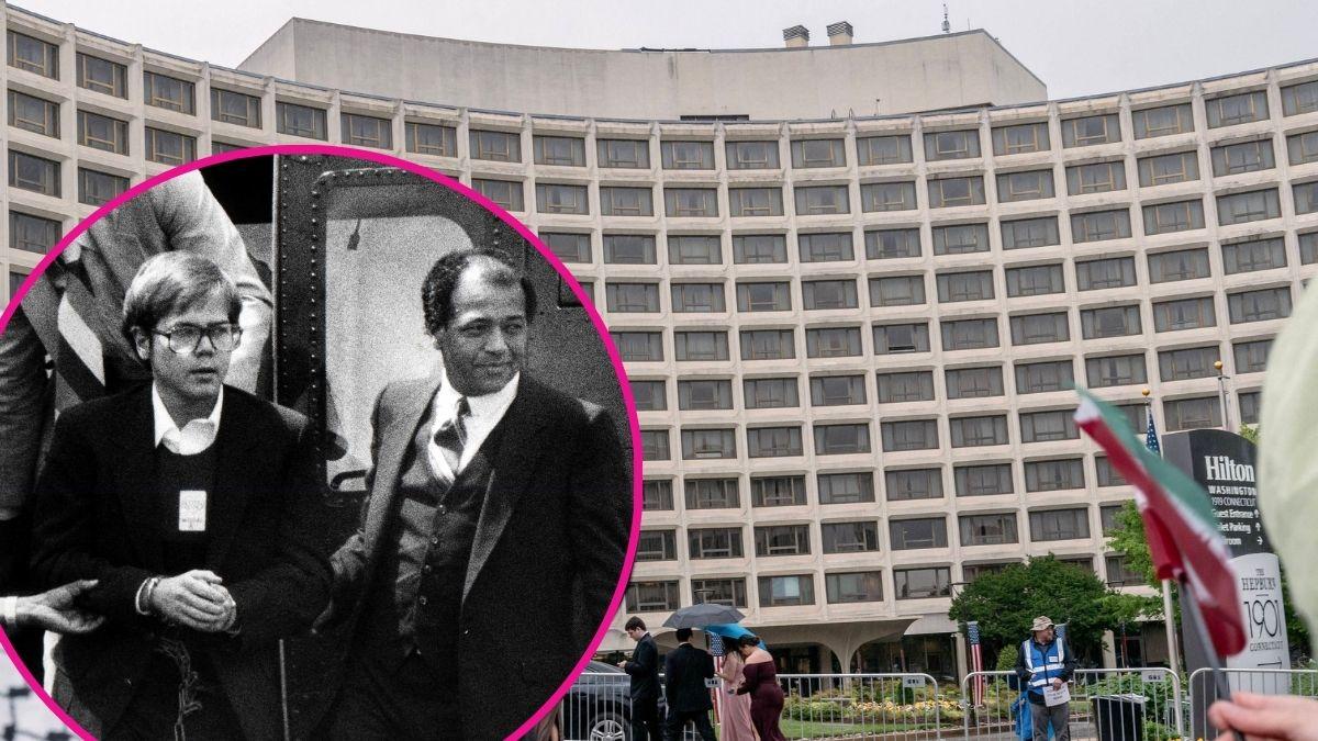 composite photo of john hinckley jr. and the washington hilton hotel