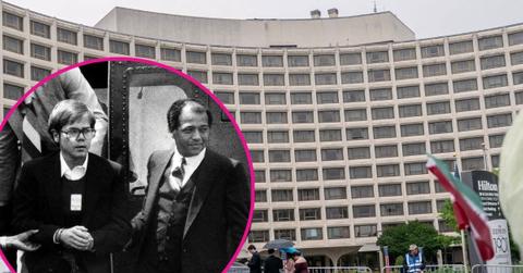 composite photo of john hinckley jr. and the washington hilton hotel