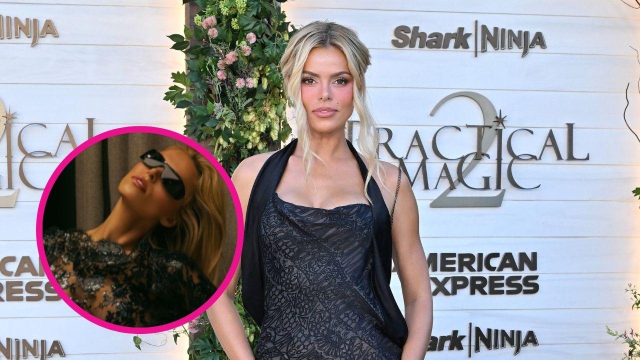 Image of Brooks Nader wowed in a sheer black lace dress.
