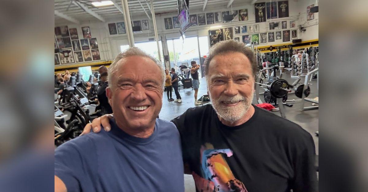 image of RFK Jr. surprised fans by posting a gym selfie with Arnold Schwarzenegger from Gold’s Gym in Venice.