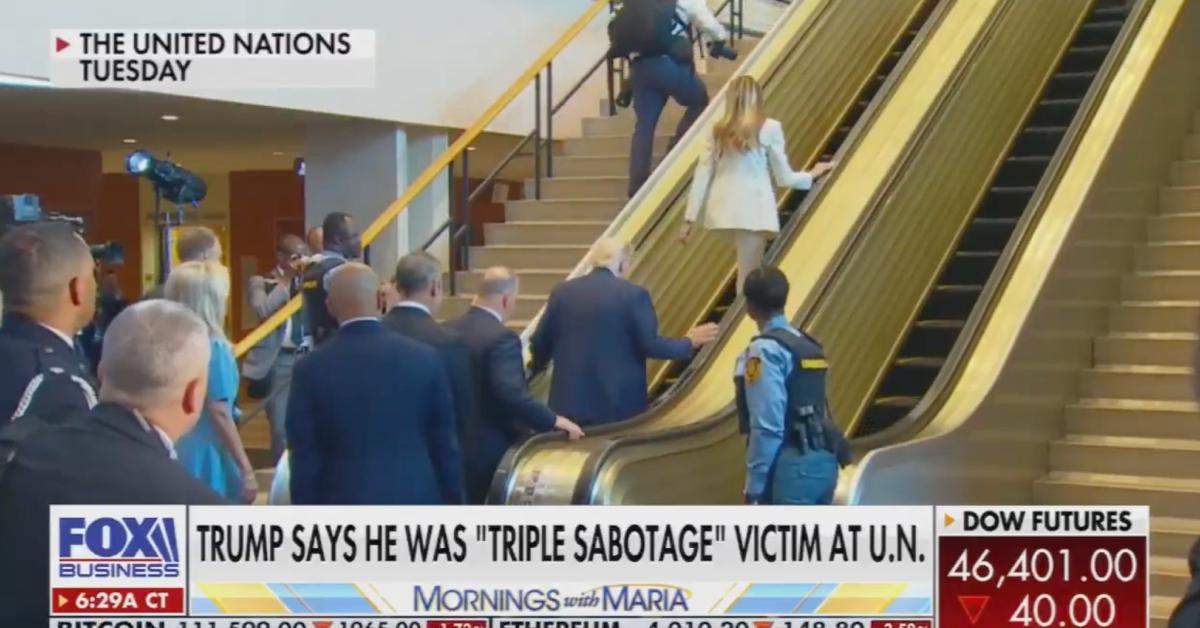 Image of the Trumps had to walk up the escalator at the United Nations headquarters in NYC.
