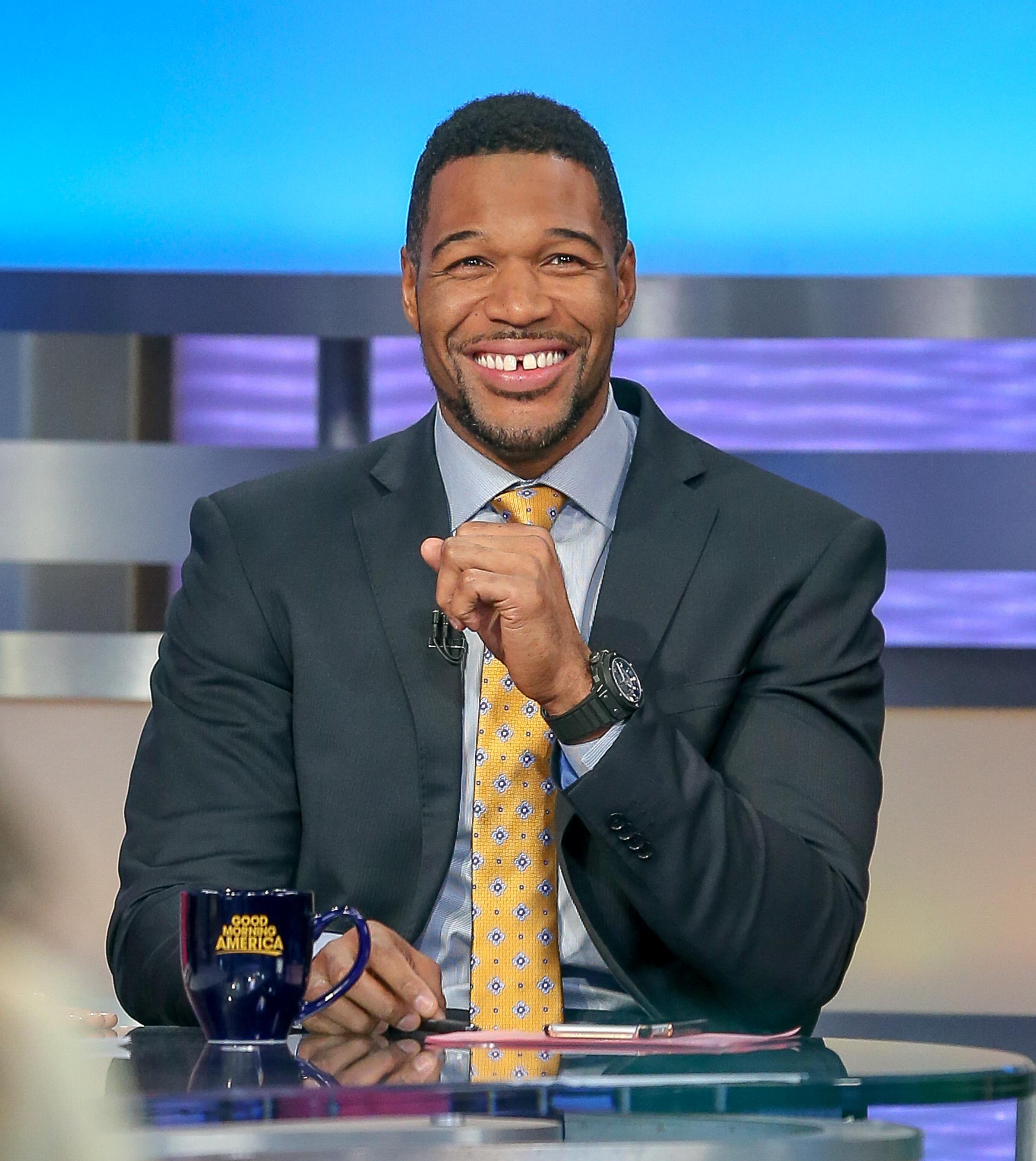 Michael Strahan is all smiles while hosting &#8216;Good Morning America&#8217; in New York City, NY