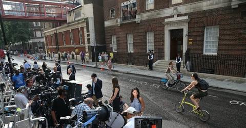 Media outside St. Mary's hospital in London.