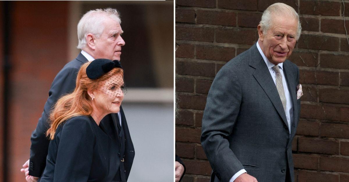 Split photo of Sarah Ferguson with Andrew Windsor and King Charles.