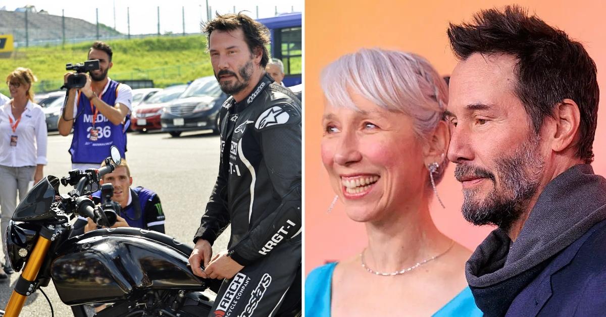 Photo of Keanu Reeves on a motorcycle and a picture of Keanu Reeves with girlfriend Alexandra Grant.