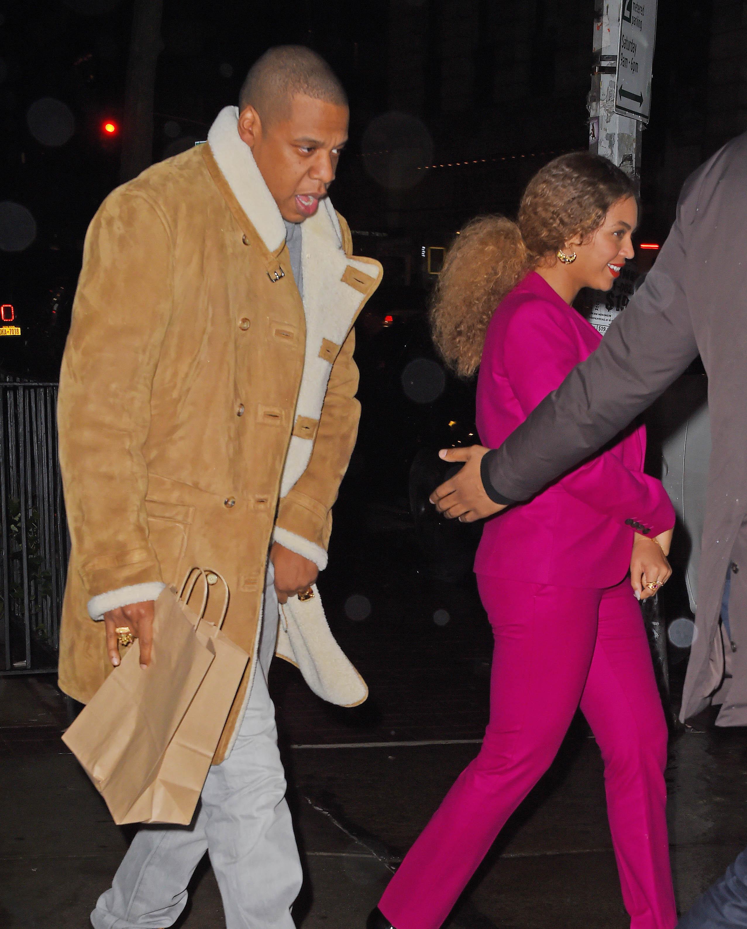 Beyonce and Jay Z leaving dinner date escorted by bodyguard Julius in the East Village, NYC