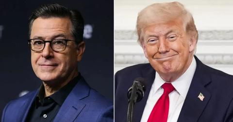 Photo of Stephen Colbert; picture of Donald Trump.