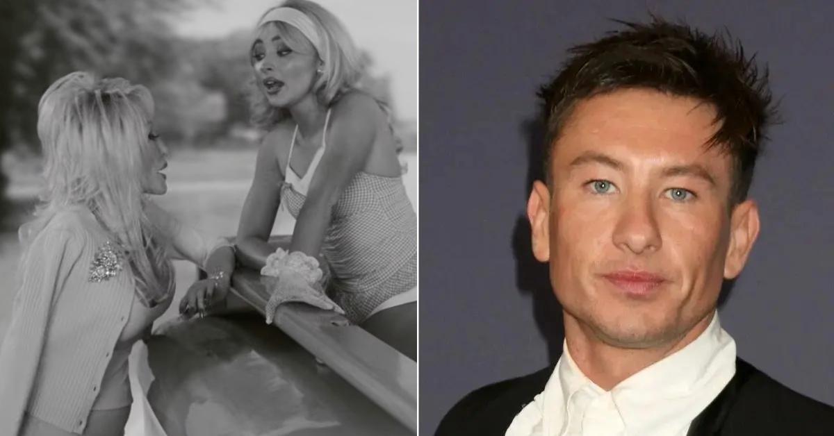 Screenshot of Dolly Parton and Sabrina Carpenter in a music video and a photo of Barry Keoghan.