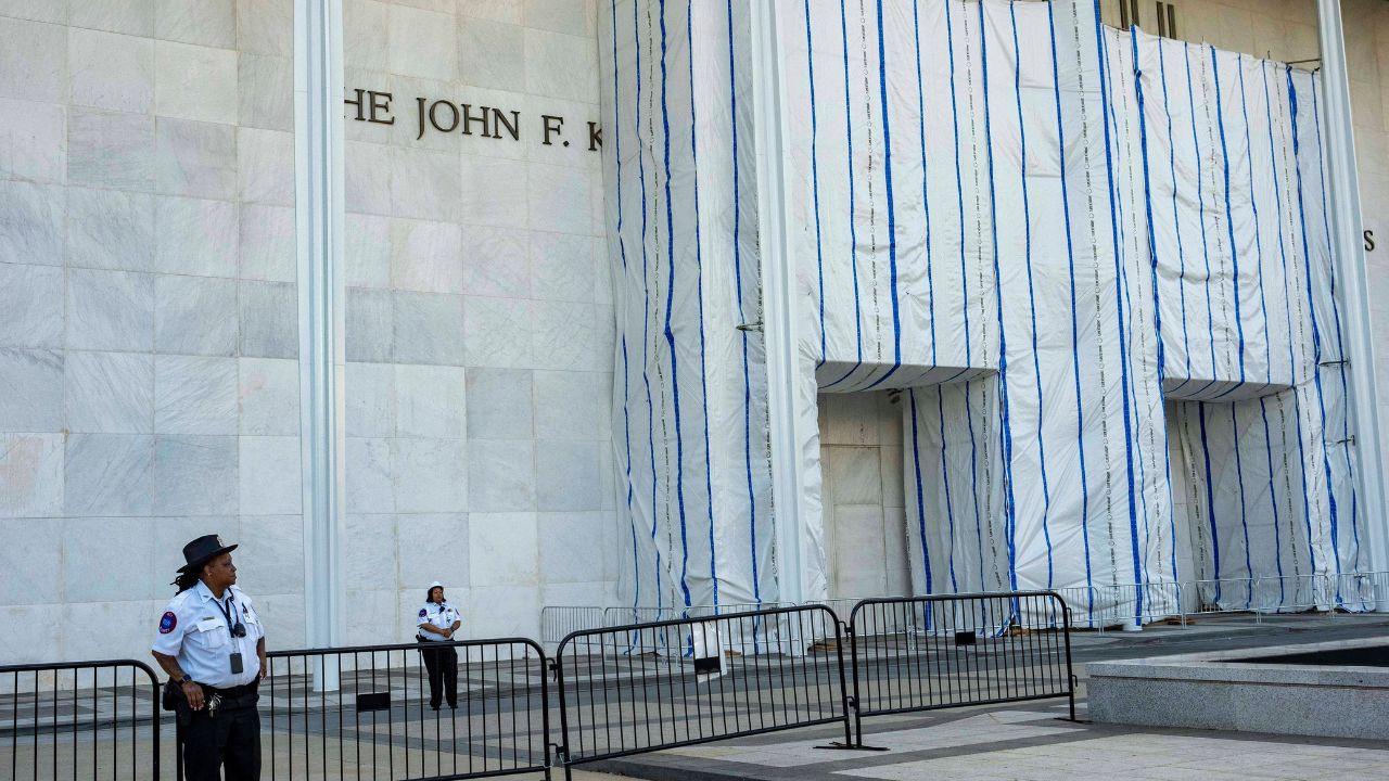 Image of Donald Trump was photographed aboard allegedly looking at a 'Kennedy Center Demolished' document.