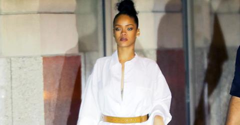 Rihanna wears a white outfit when coming back to her apartment after spending the night with Drake at his hotel after 2016 MTV VMA Awards