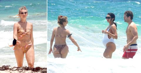 matthew morrison and his pregnant wife renee chat with julianne hough as they take a swim in mexico