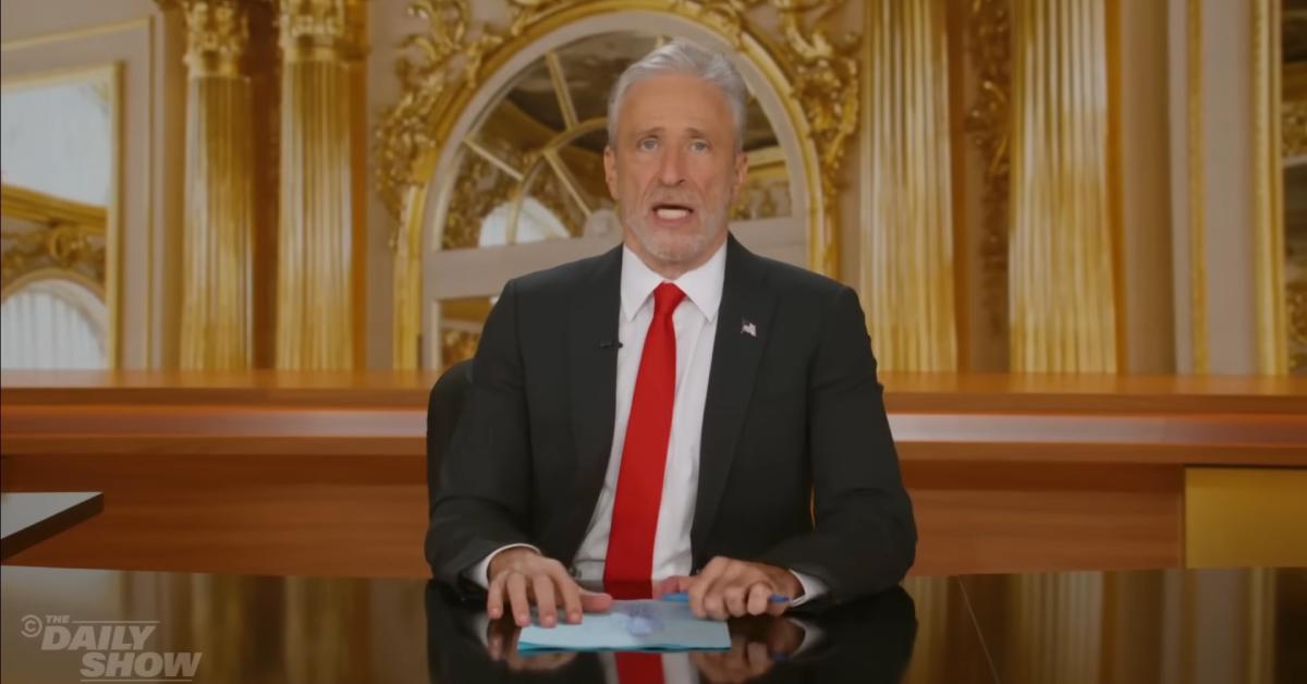 Image of Jon Stewart pretended to agree with Donald Trump and his administration during his satirical opening monologue.