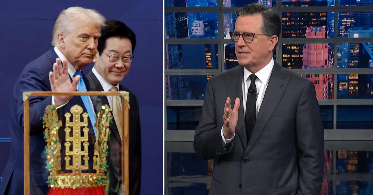 Split photo of Donald Trump and Stephen Colbert.