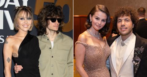 Photo of Miley Cyrus and Maxx Morando; picture of Selena Gomez and Benny Blanco.