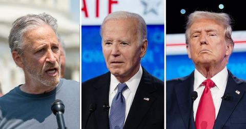 Composite image of John Stewart, President Joe Biden and Donald Trump