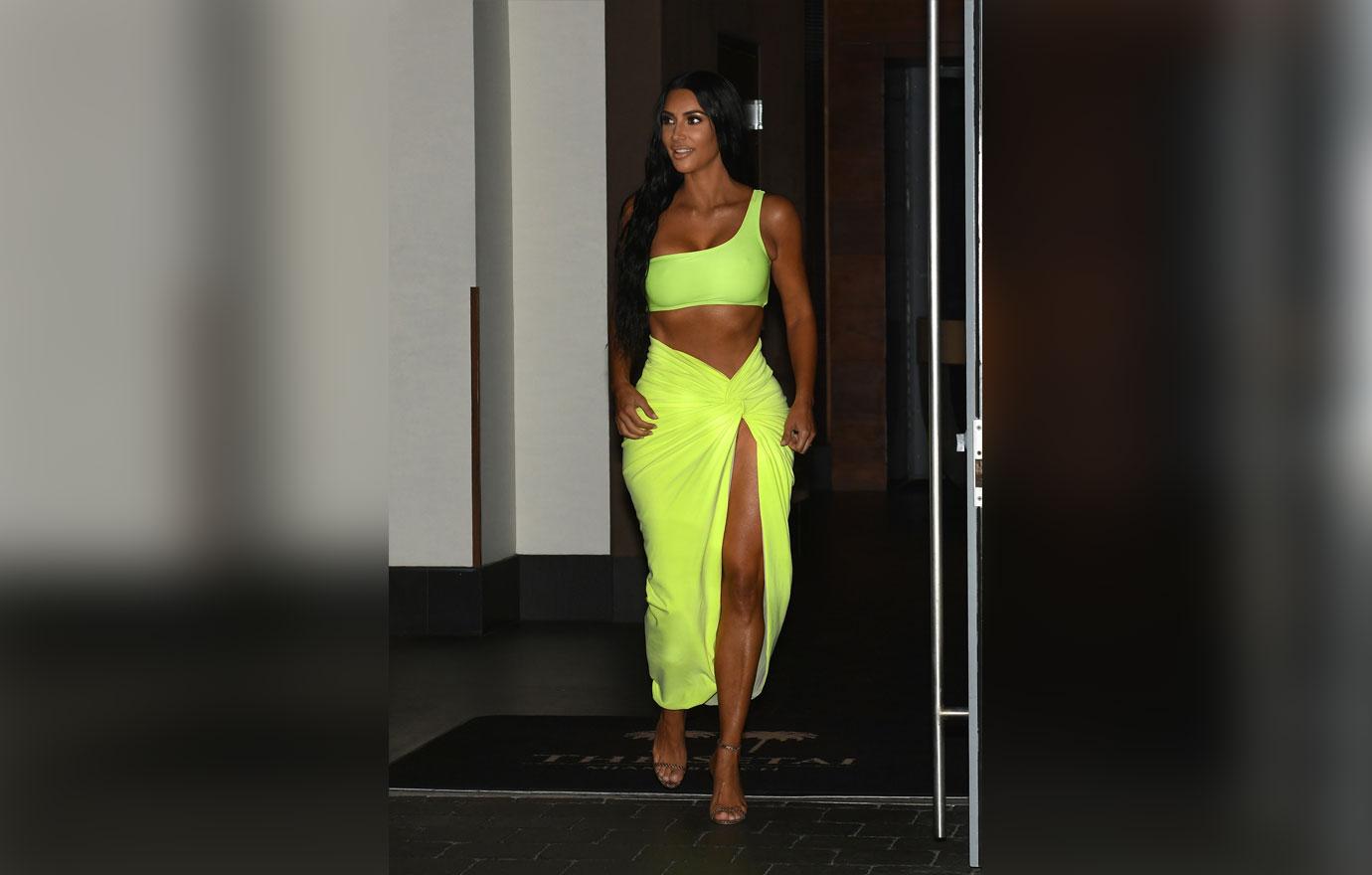 Kim Kardashian wardrobe malfunction neon dress Miami