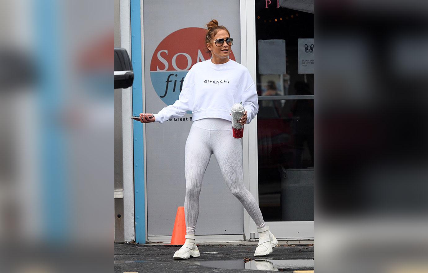 Jennifer Lopez In Lace Leggings for Gym, White Dress for Miami Dinner
