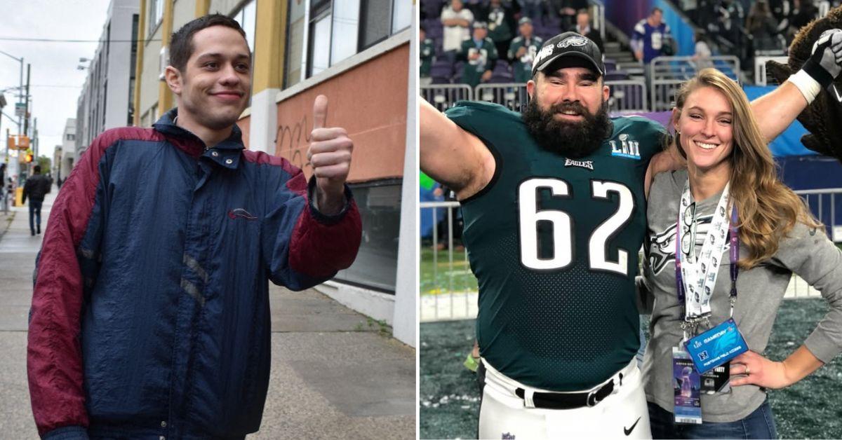 Composite photo of Pete Davidson, Jason Kelce and Kylie Kelce. 