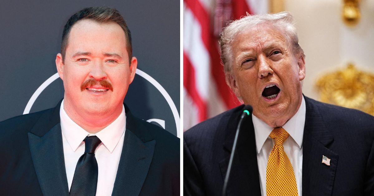 split photo of shane gillis and donald trump