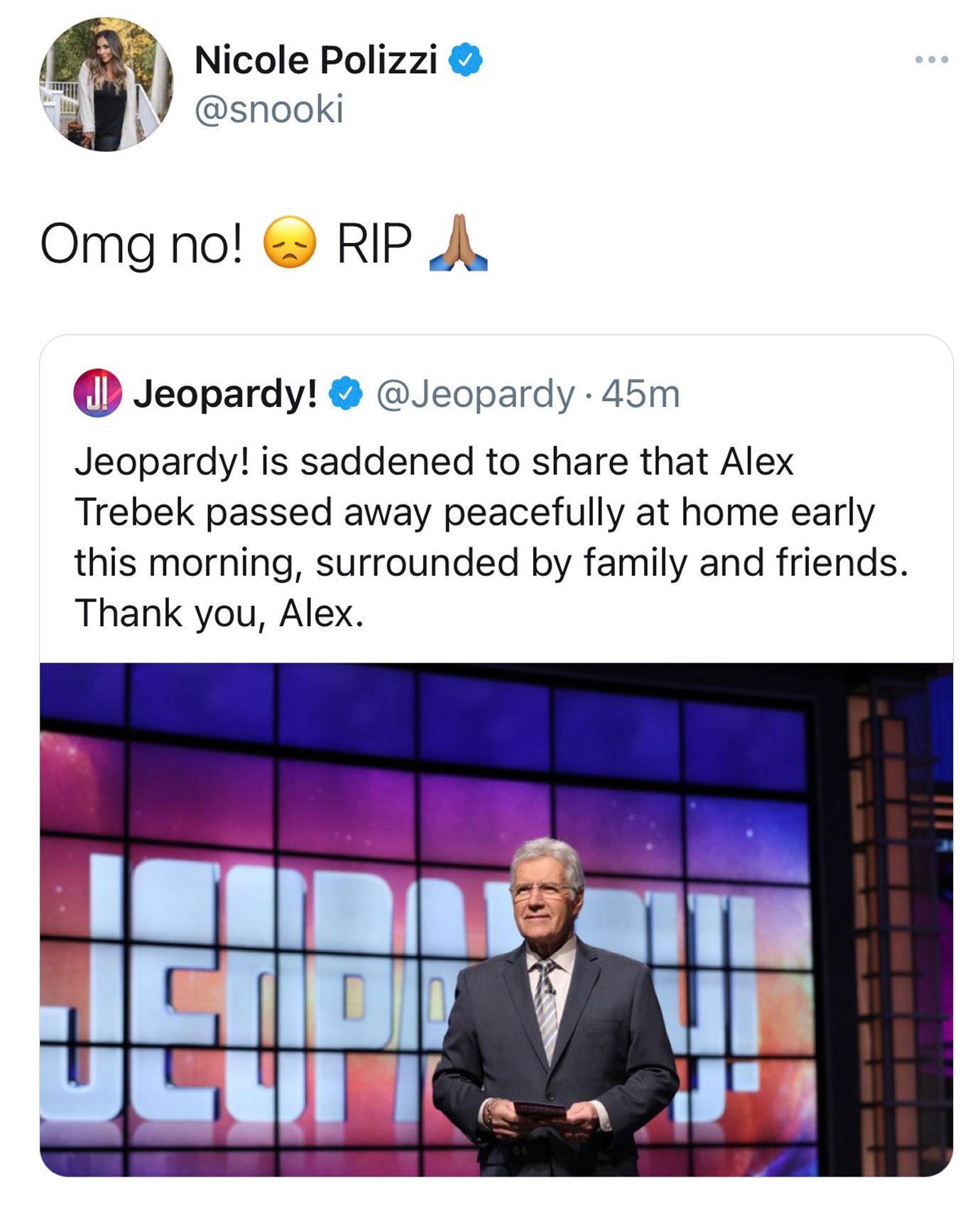 Alex trebek celeb reacts Nicole Snooki Polizzi IG