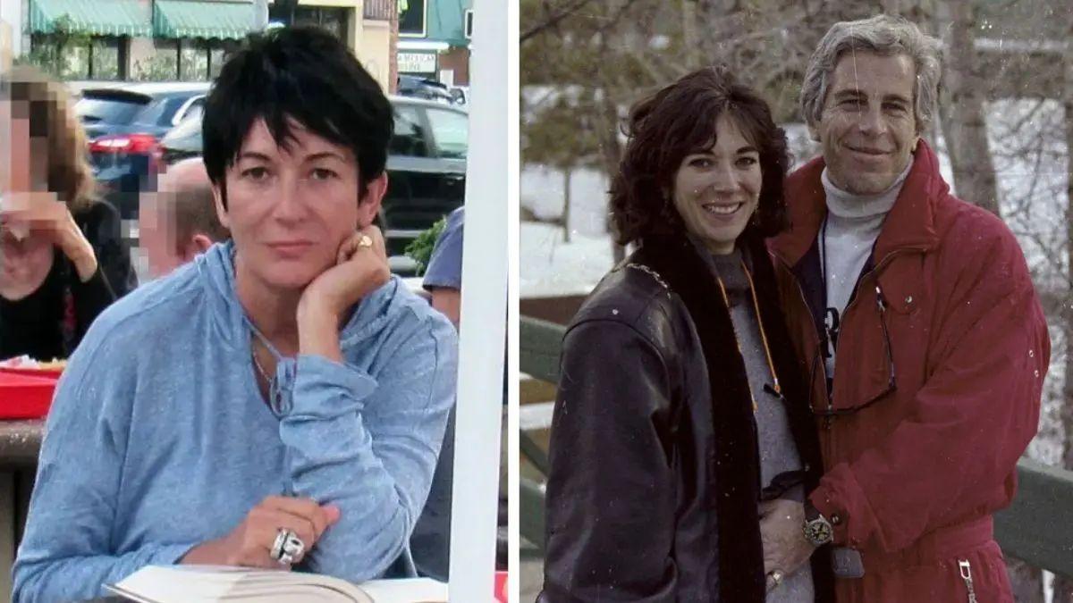 split photo of ghislaine maxwell and maxwell with jeffrey epstein