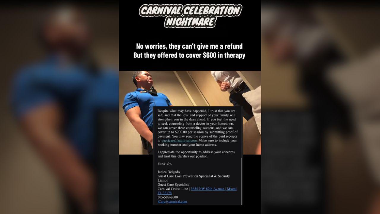 Image of the woman accused the Carnival of wanting her to pay for room service, giving her personal information, and showing her security footage to other passengers.