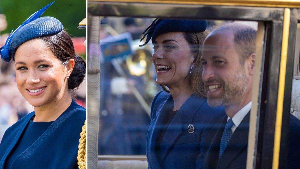 Split photo of Meghan Markle and Princess Catherine with Prince William.