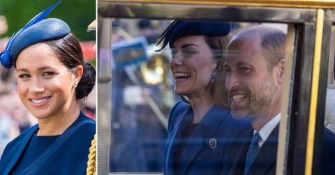 Split photo of Meghan Markle and Princess Catherine with Prince William.