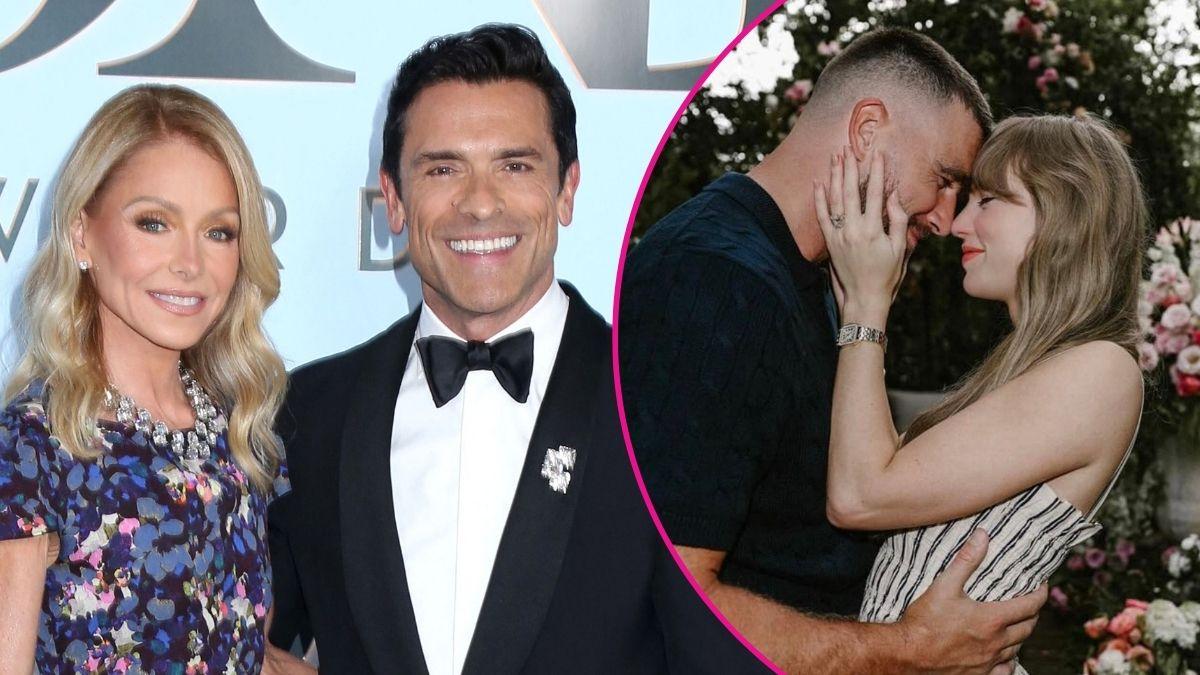 Composite photo of Kelly Ripa, Mark Consuelos, Travis Kelce and Taylor Swift.