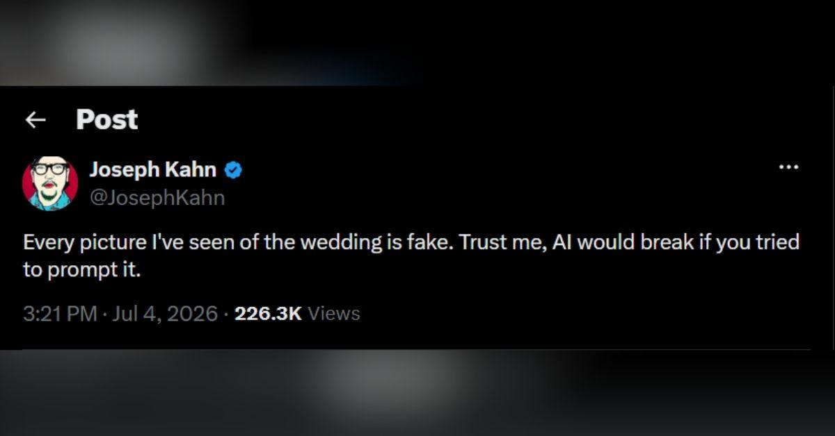 image of Joseph Kahn reassured fans that the authentic wedding moments were far more memorable than the AI-generated images circulating online.