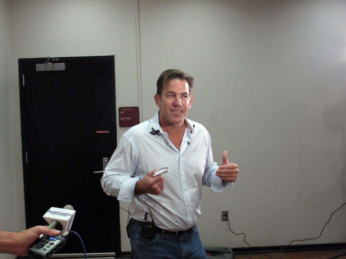 Former South Carolina Treasurer Thomas Ravenel talks to reporters after applying to run as an independent candidate for the U.S. Senate seat held by Lindsey Graham at the state Election Commission headquarters, in Columbia, S.C. Ravenel pleaded guilty to a cocaine charge that forced him to resign as treasurer in 2007 and he spent 10 months in prison