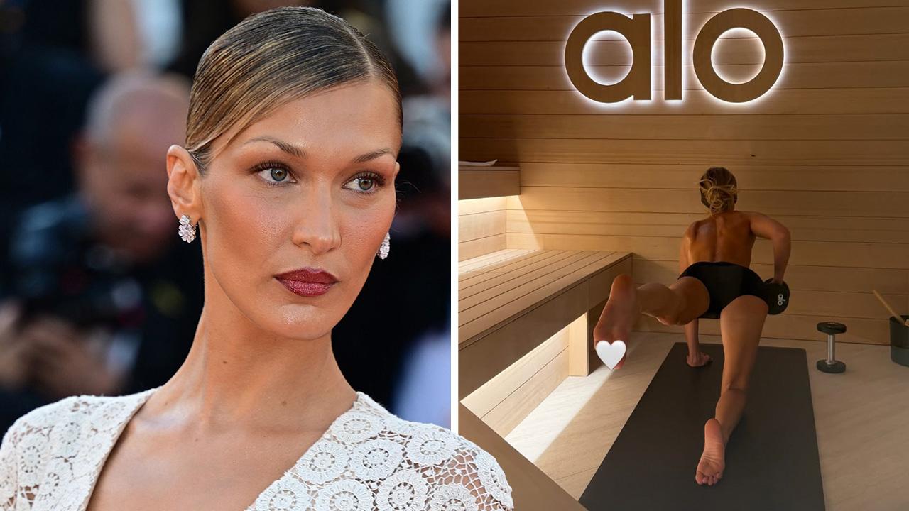 Image of Bella Hadid ditched her sports bra for a steamy workout.