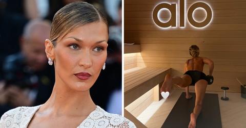 Image of Bella Hadid ditched her sports bra for a steamy workout.