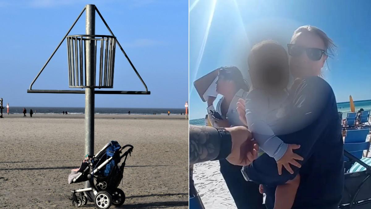 image of a baby stroller at the beach and a woman holding a baby