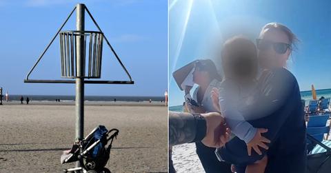 image of a baby stroller at the beach and a woman holding a baby