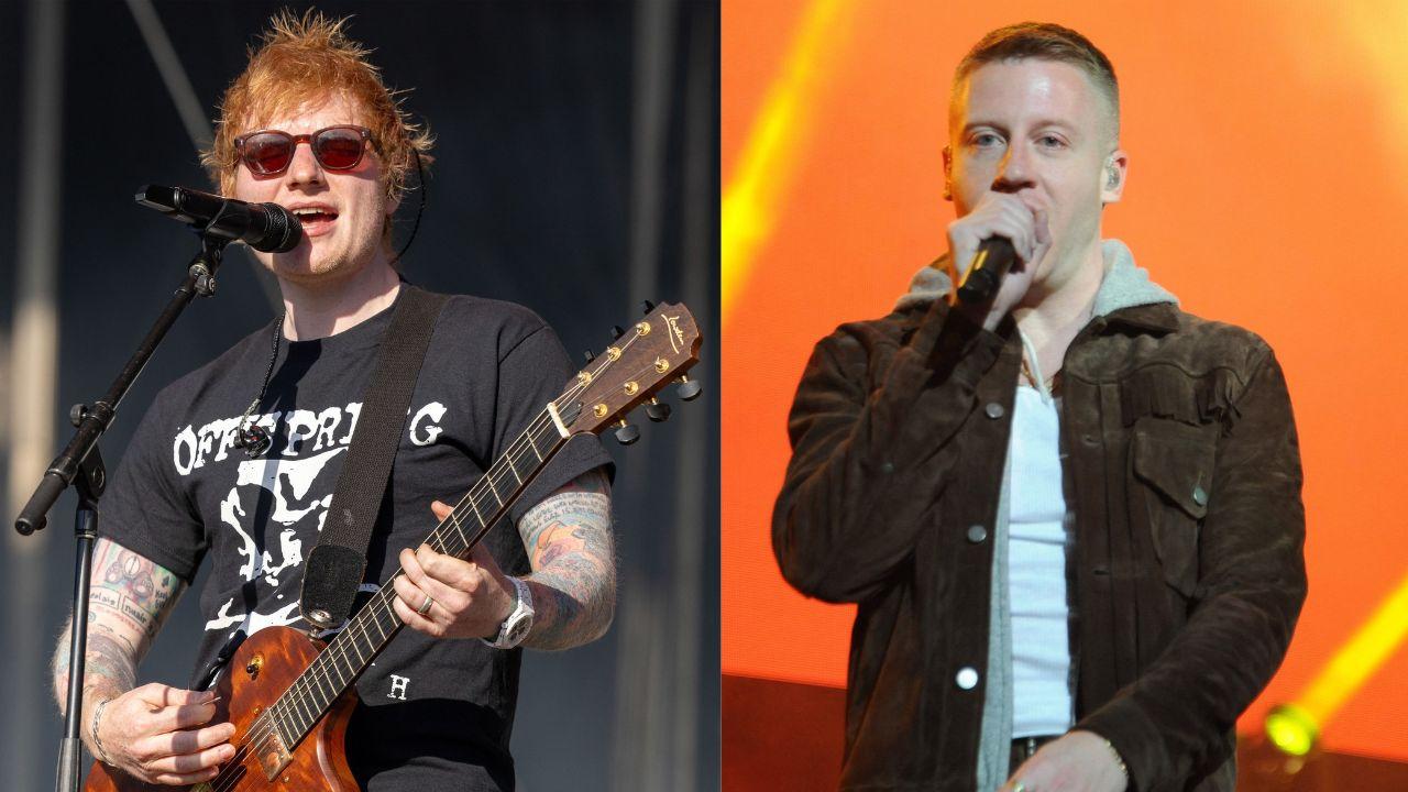 Split image of Ed Sheeran and Macklemore.