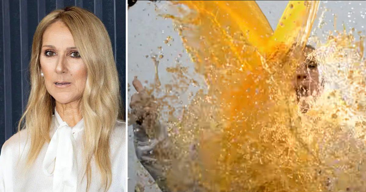 Image of Celine Dion and screenshot of the singer being soaked in Gatorade