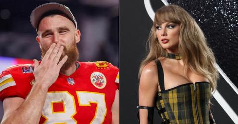 Photo of Travis Kelce and picture of Taylor Swift.