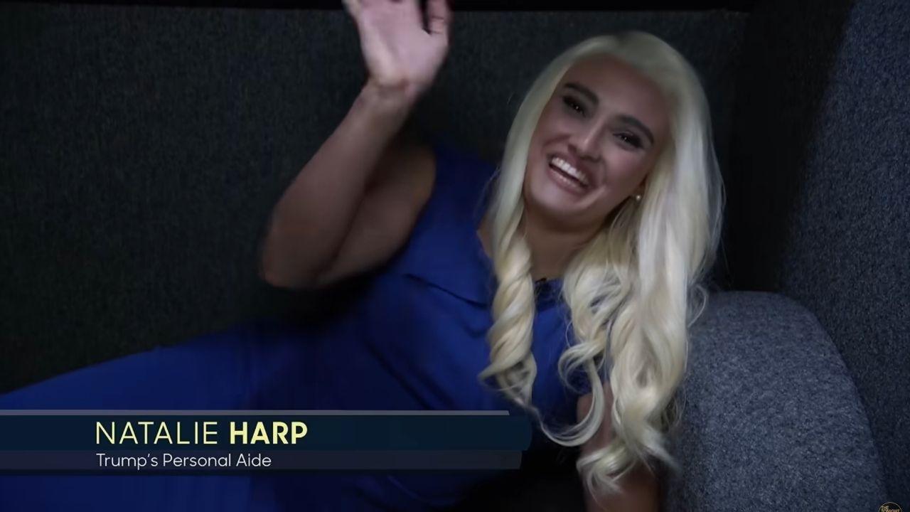 Image of An actress portraying Natalie Harp appeared inside a vehicle trunk during the parody interview.