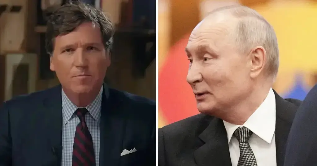 Composite photo of Tucker Carlson and Vladimir Putin